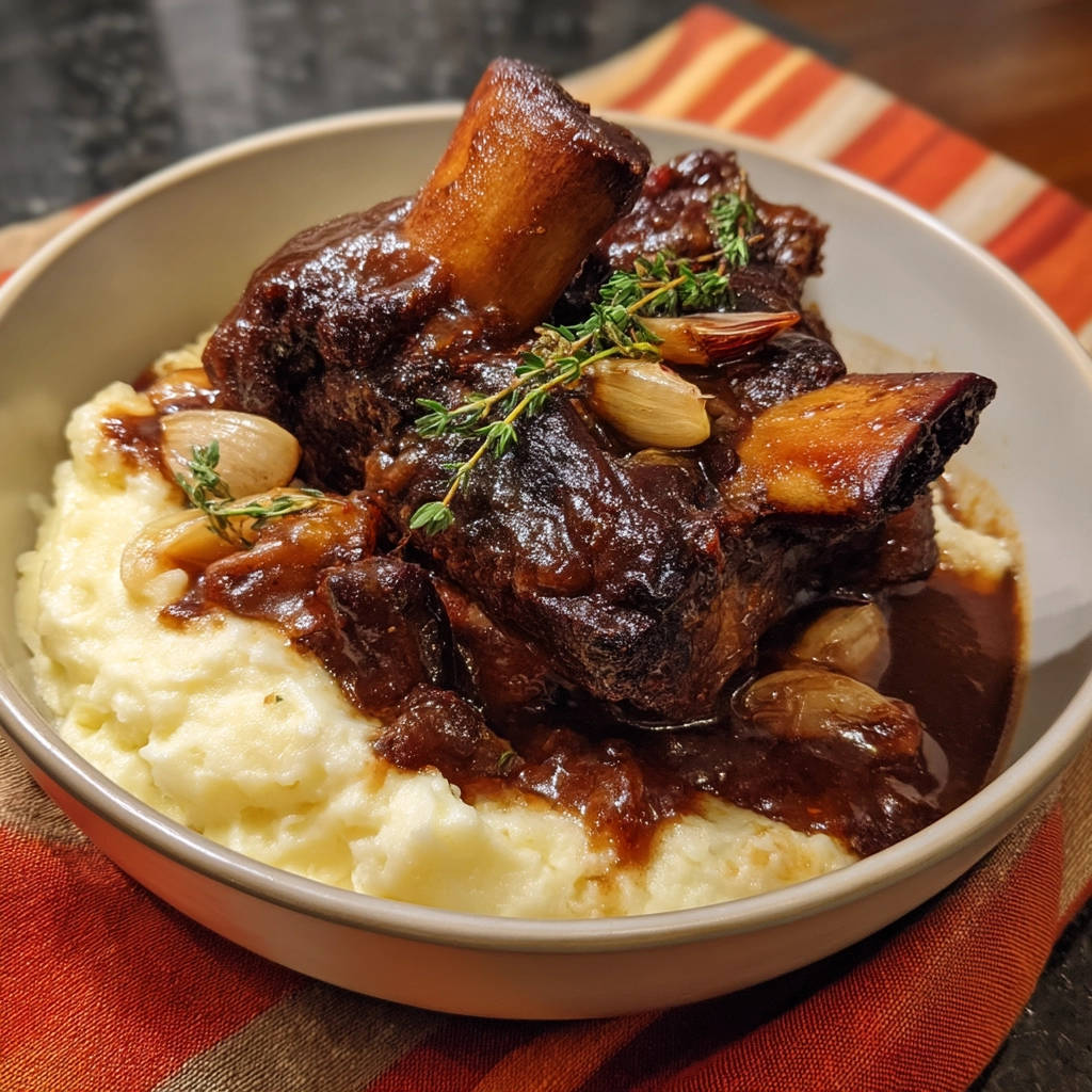 Braised beef short ribs served over mashed potatoes, garnished with garlic and thyme.