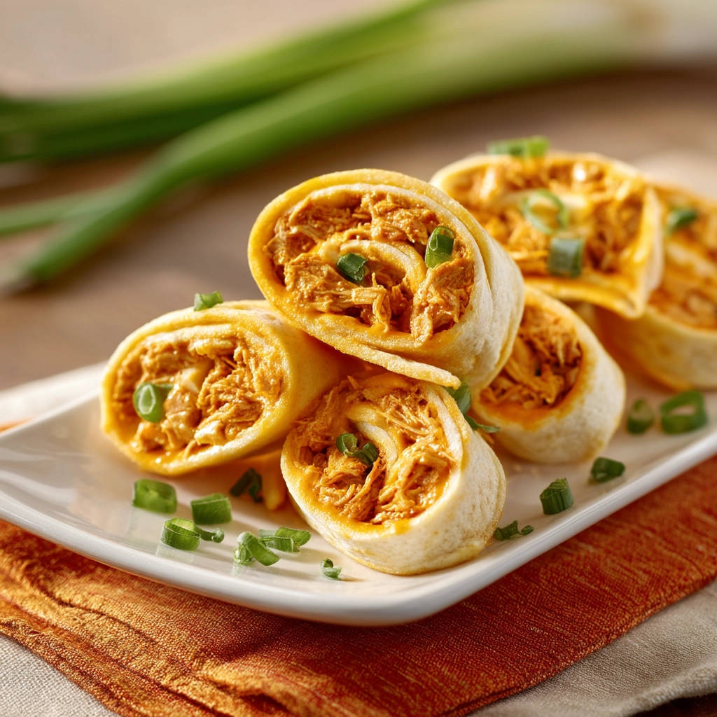 Buffalo chicken pinwheels are shown in a close-up pile, revealing their cross-section and a sprinkle of green onions.