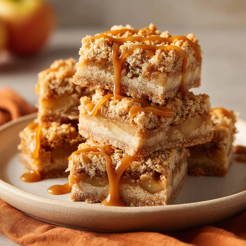 Caramel apple crumble bars stacked on a plate, drizzled with caramel sauce, showing a close-up view of the layered dessert.