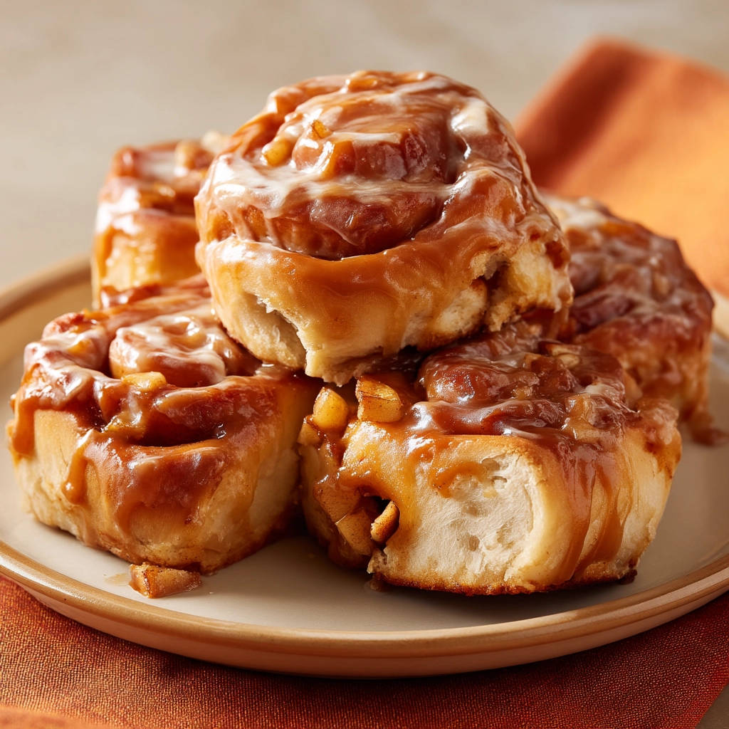 Caramel apple rolls stacked on a plate, drizzled with glaze and showing a close-up of the gooey filling.