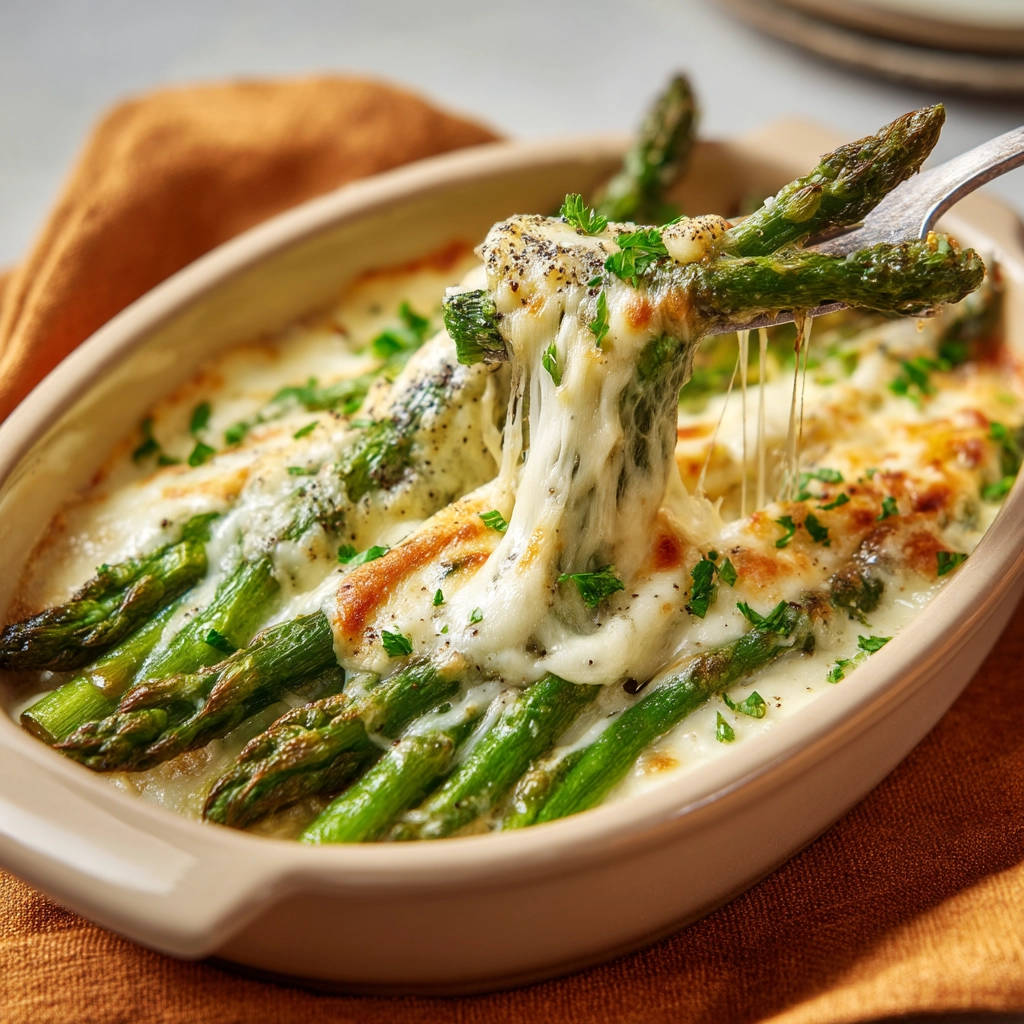 Cheesy baked asparagus being lifted on a fork, showing melted mozzarella and fresh parsley garnish.