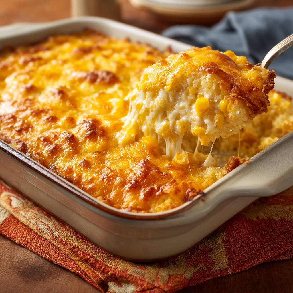 Cheesy baked corn casserole with a spoonful being lifted, showing gooey melted cheese.