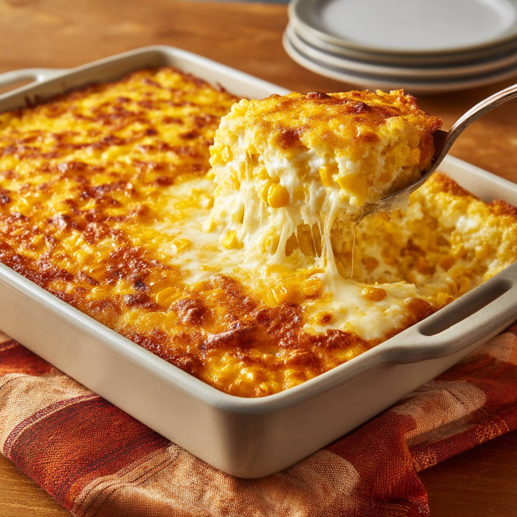 Cheesy baked corn casserole with a spoonful lifting and showing a delicious cheese pull.