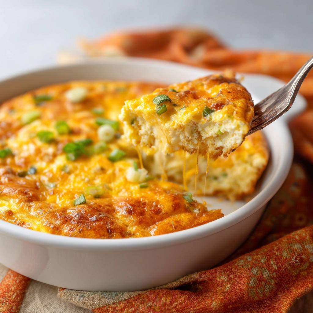 Cheesy baked egg frittata with a slice being lifted by a fork, revealing melted cheese and fluffy interior.
