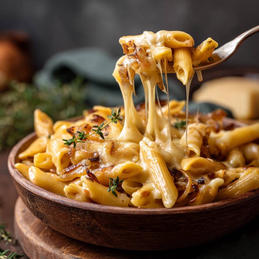 Cheesy baked penne with caramelized onions, featuring a fork lifting a portion with a dramatic gooey cheese pull.