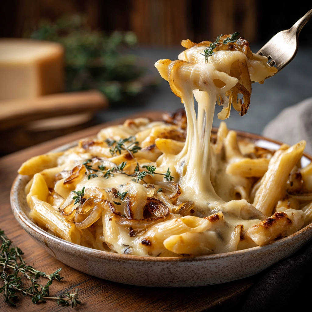 Cheesy baked penne with caramelized onions featuring a gooey cheese pull from a forkful being lifted from the dish.