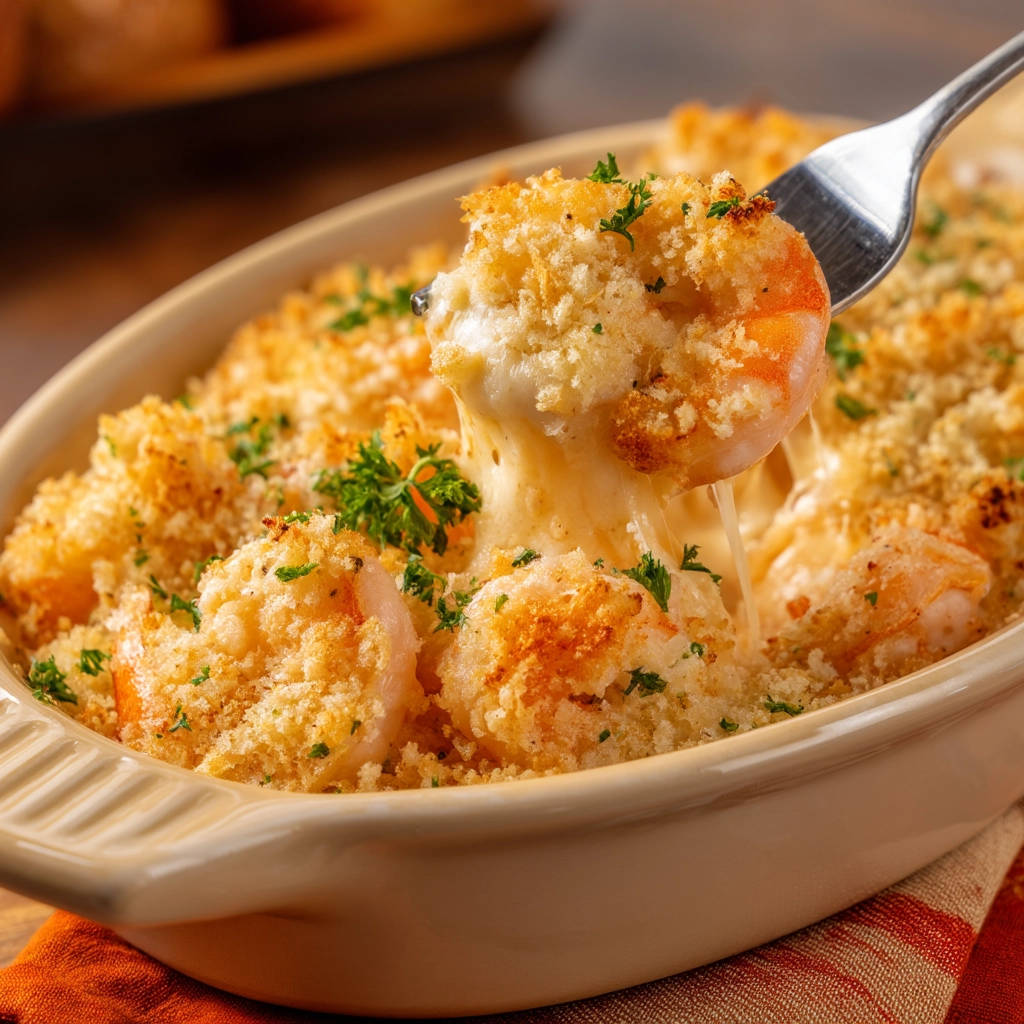 Cheesy baked shrimp scampi with a fork lifting a cheesy shrimp portion, showing a gooey cheese pull.