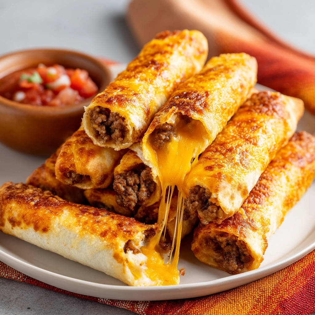 Cheesy baked taquitos with a close-up view of melted cheese stretching out from a broken taquito.