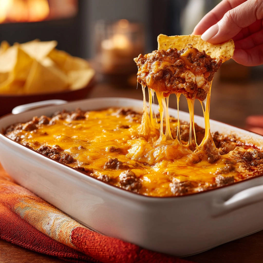 Cheesy beef dip that stays perfectly melty with a long cheese pull from a tortilla chip.