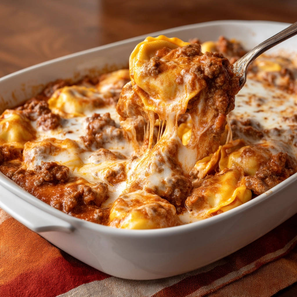 Cheesy beef tortellini bake with a forkful lifted, showing melted cheese strings and rich sauce.