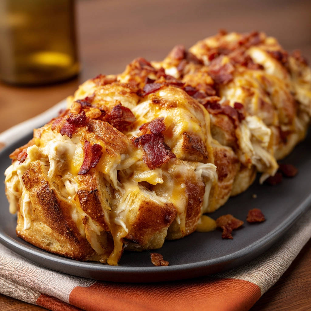 Cheesy chicken bacon pull-apart bread showing a close-up of its golden-brown, cheesy, and bacon-topped texture.