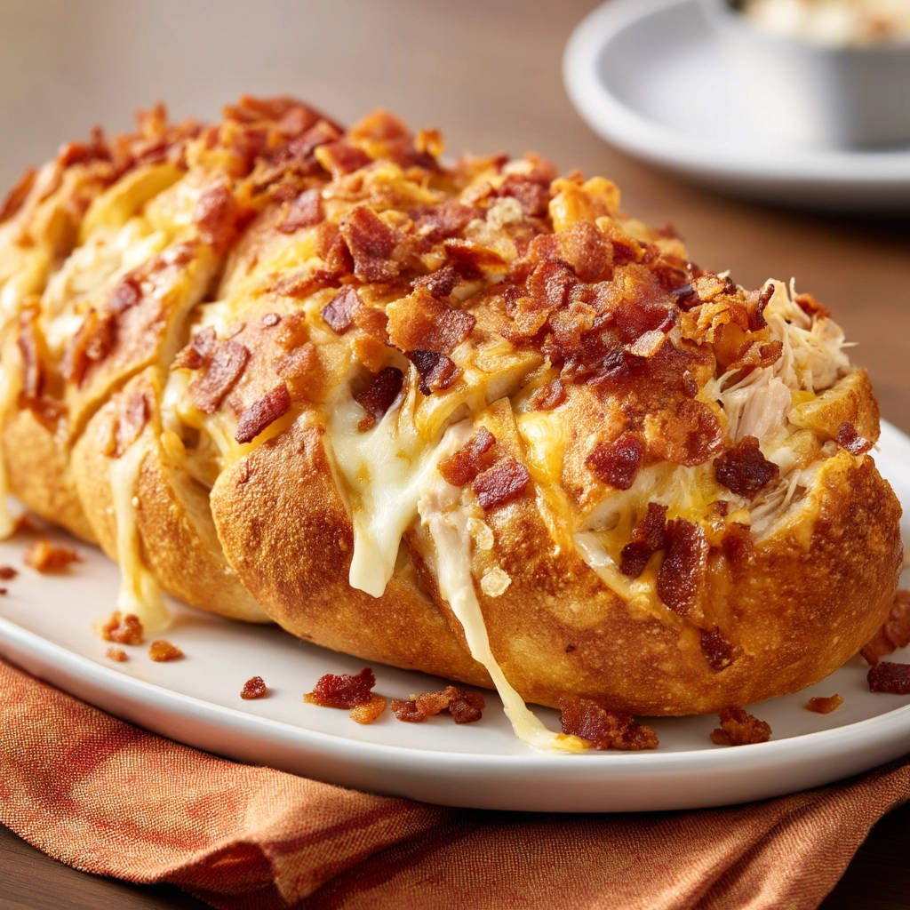 Cheesy chicken bacon pull-apart bread showing melted cheese dripping from the golden-brown loaf, topped with crispy bacon.