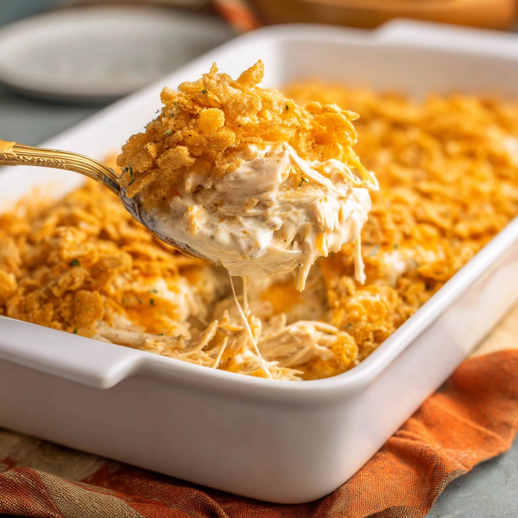 Cheesy chicken casserole shown with a spoonful lifted, highlighting the creamy interior and crunchy topping.