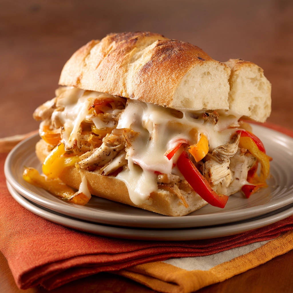 Cheesy Chicken Philly sandwich with melted cheese and peppers, presented on a plate with a close-up view.