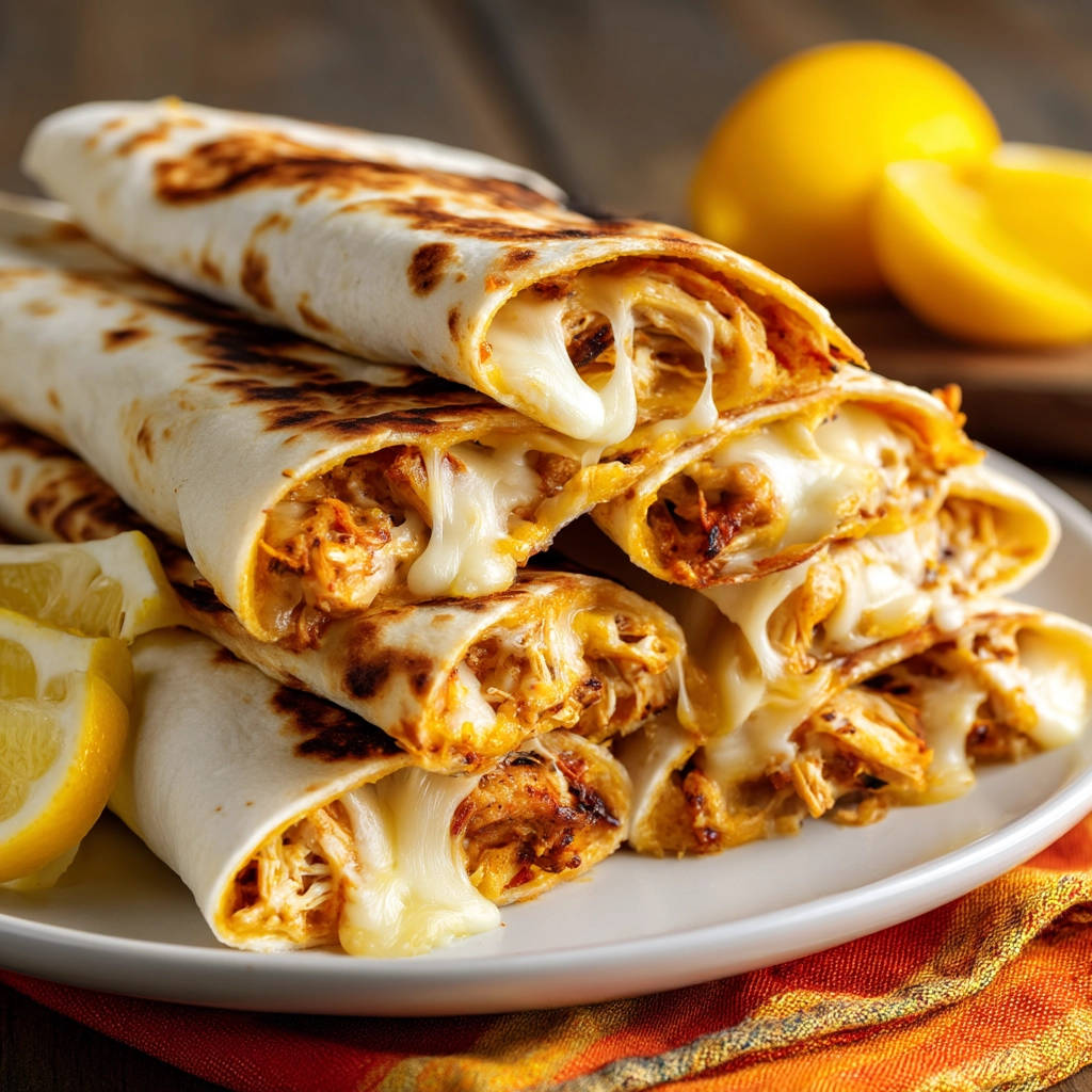 Cheesy chicken wraps with melted cheese oozing from the interior cross-section, served with lemon wedges.