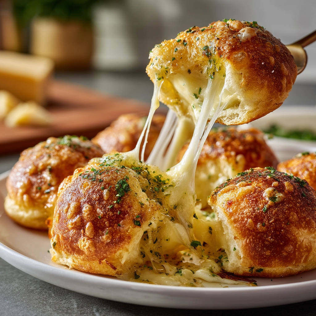 Cheesy garlic bites recipe with a dramatic cheese pull, showing the gooey mozzarella stretching from the golden-brown bread.