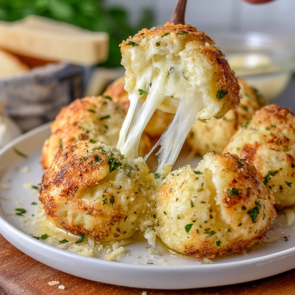 Cheesy garlic bites recipe with a close-up showing the stringy melted cheese pull from one bite.