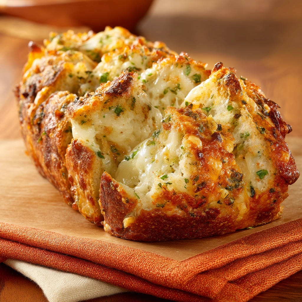 Cheesy garlic pull-apart bread with melted cheese oozing from its golden-brown crust, presented on a wooden board.