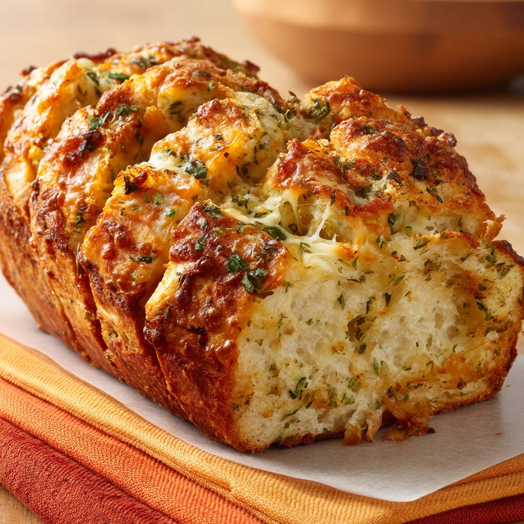 Cheesy garlic pull-apart bread with golden-brown crust and visible melted cheese in its distinct slices.