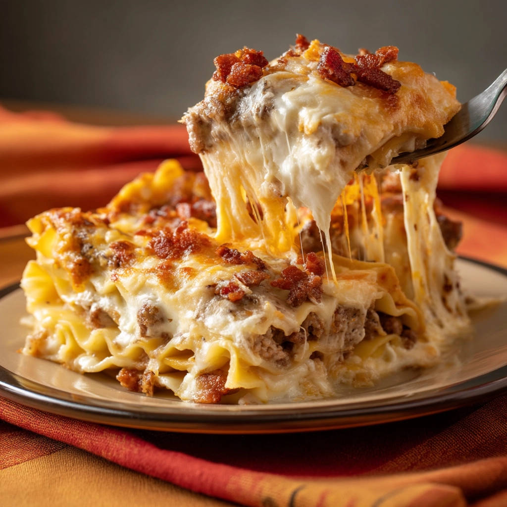 Cheesy lasagna with a fork pulling a slice, showcasing gooey melted cheese and crispy bacon bits.