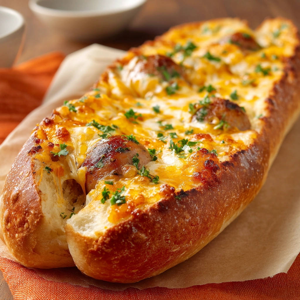 Cheesy meatball bread boat with melted cheese and parsley garnish, a close-up view.