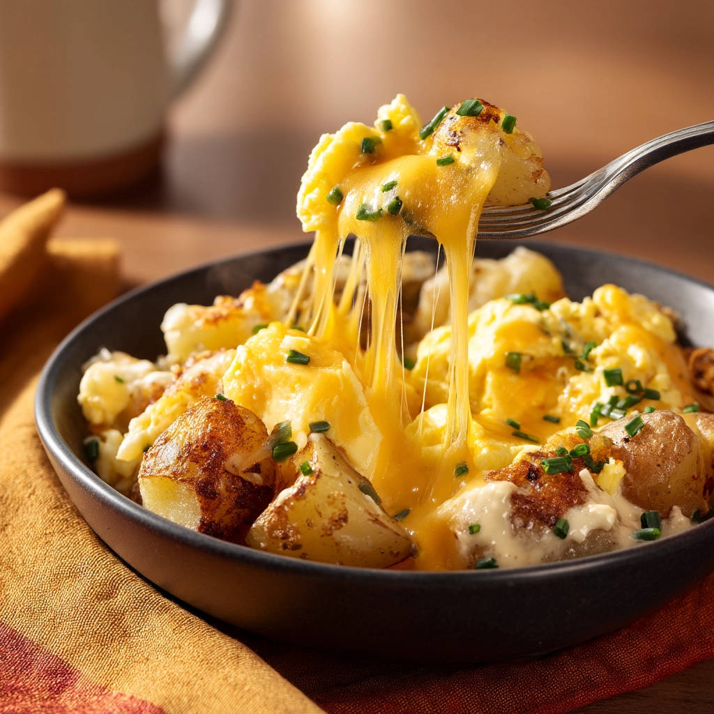 Cheesy potato egg scramble with a fork pulling up molten cheese strings, showing a close-up of the gooey texture.