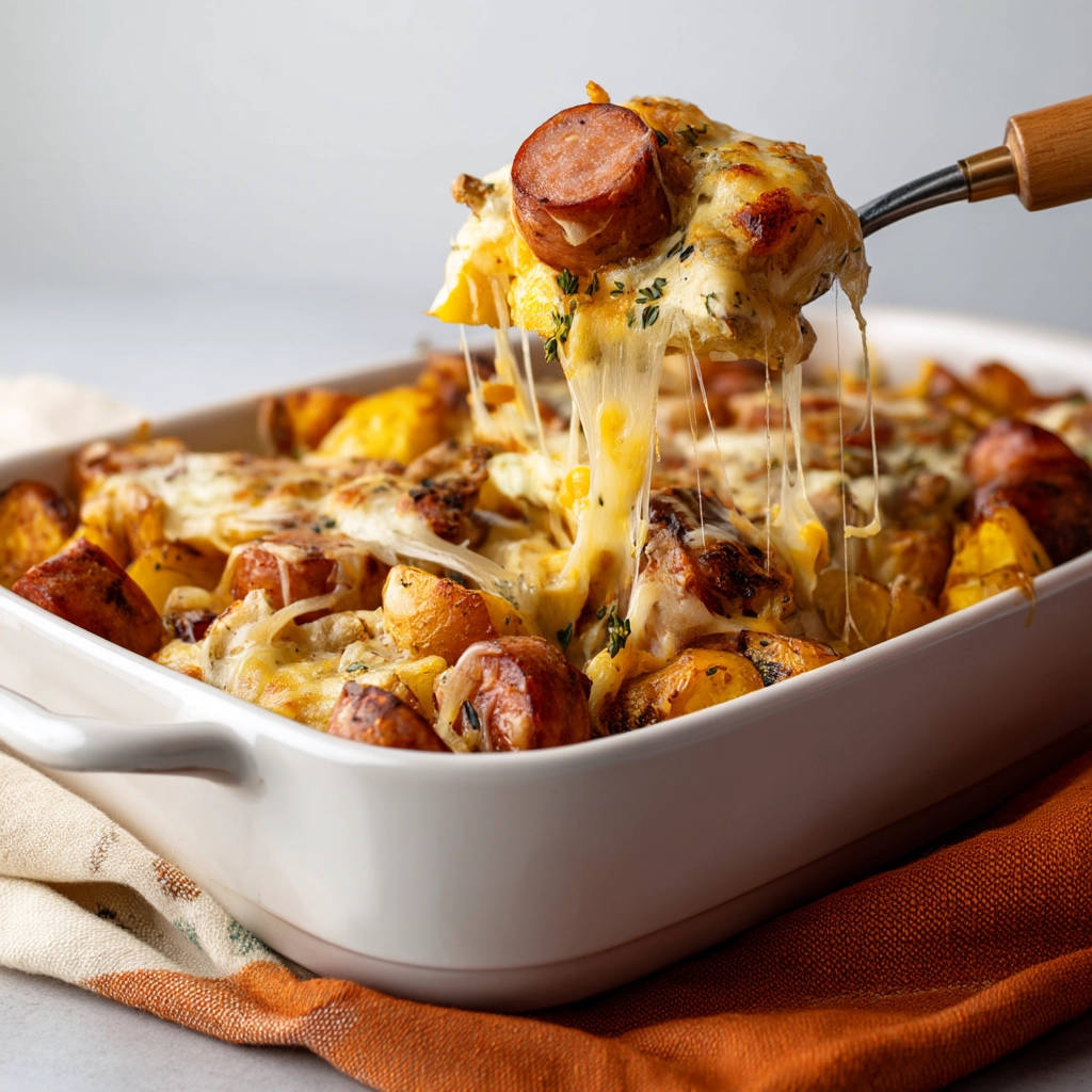 Cheesy sausage and potato bake is lifted from the dish, showing strings of melted cheese.
