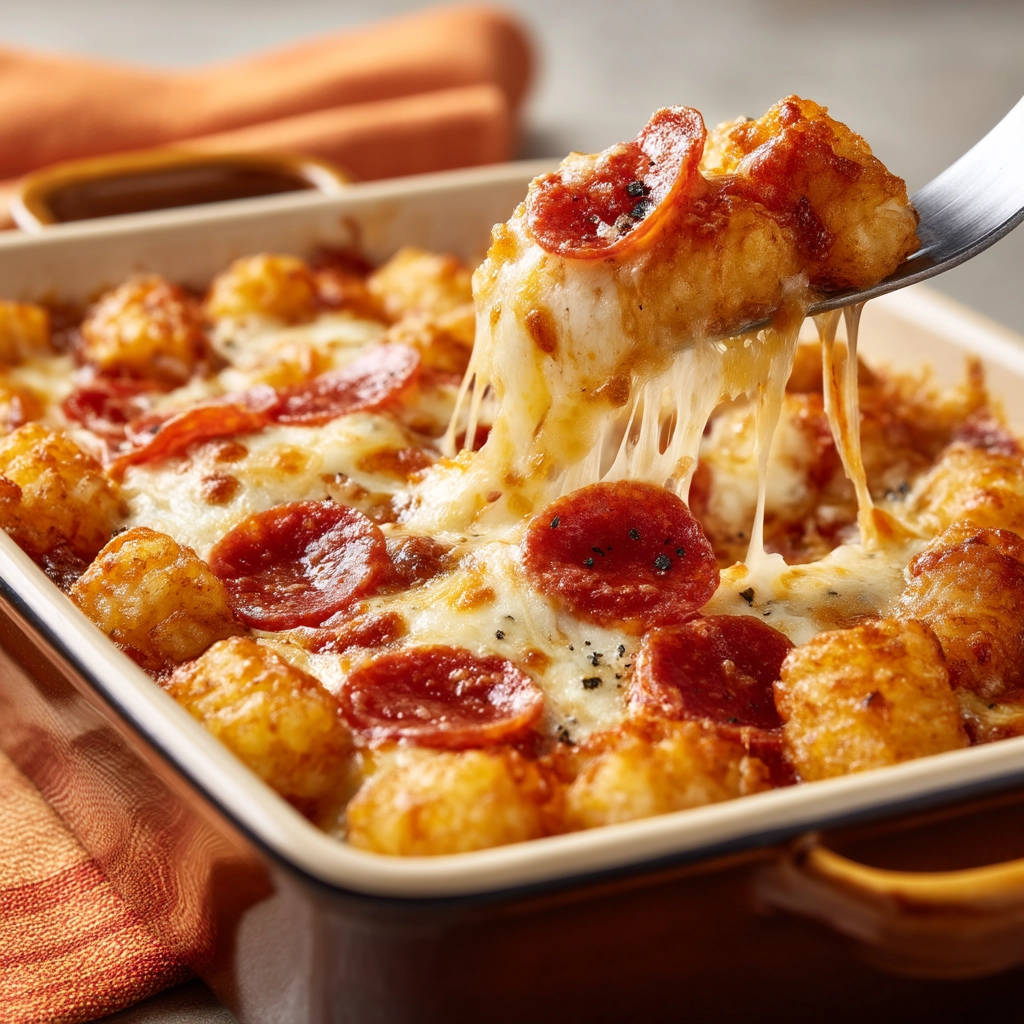 Cheesy tater tot pizza bake with a fork lifting a gooey slice, showing a cheesy pull detail.