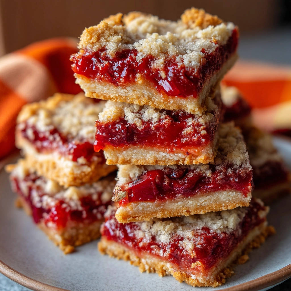 Classic cherry crumble bars stacked, showing a close-up cross-section of the crumbly topping and thick cherry filling.