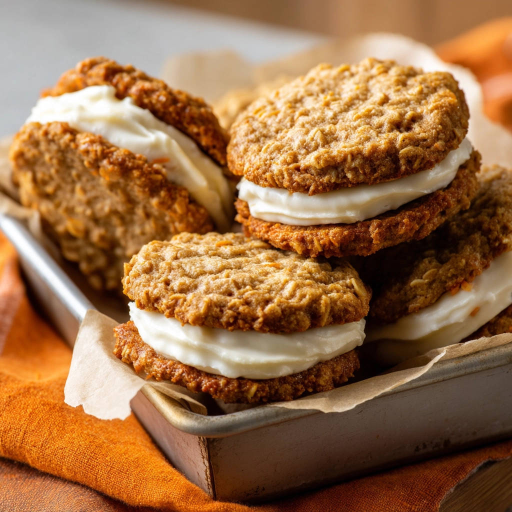 Chewy oatmeal cream pies stacked in a baking tray, showcasing their creamy filling and textured cookie layers.