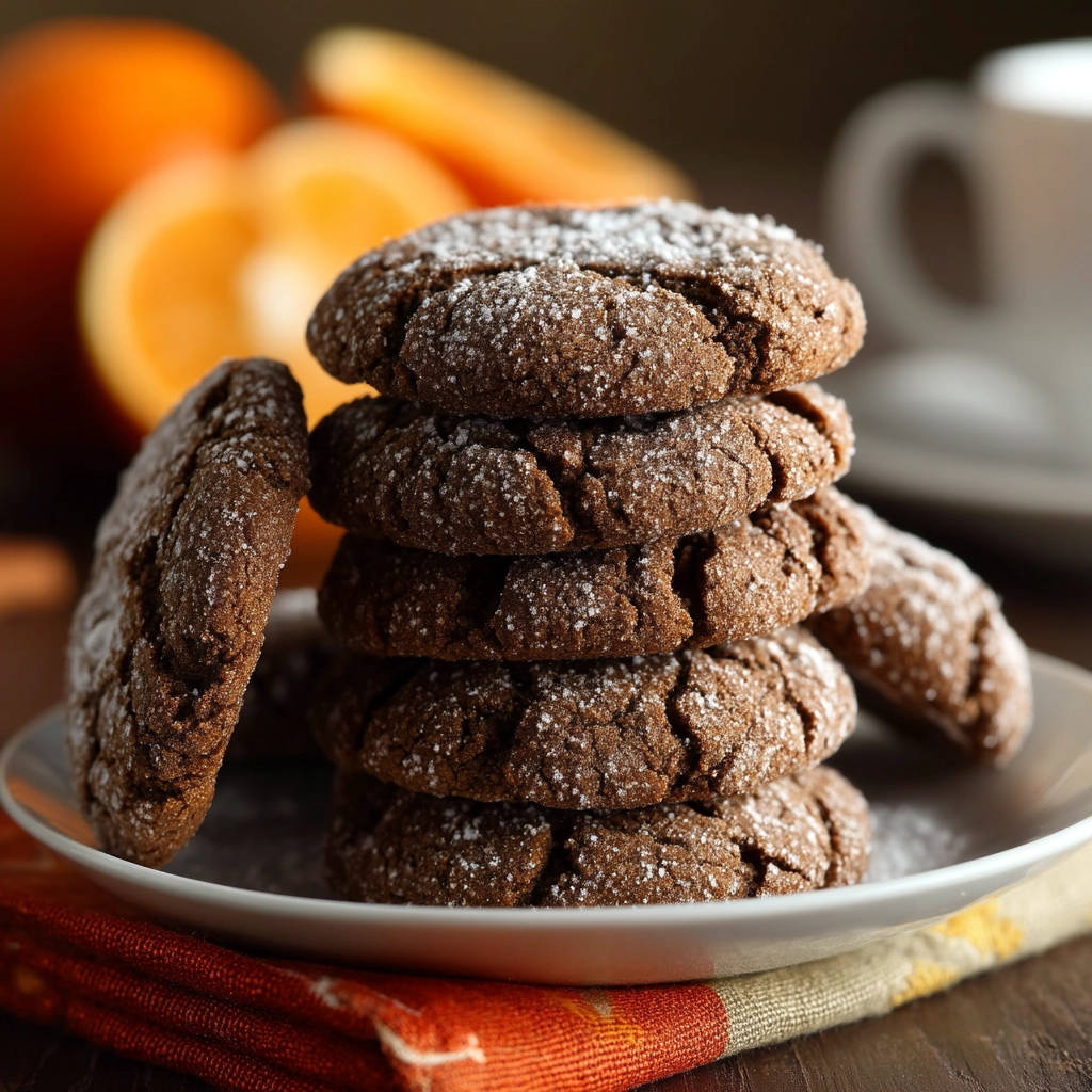 Chewy orange ginger crinkle cookies, dusted with powdered sugar, stacked on a white plate with oranges in the background.