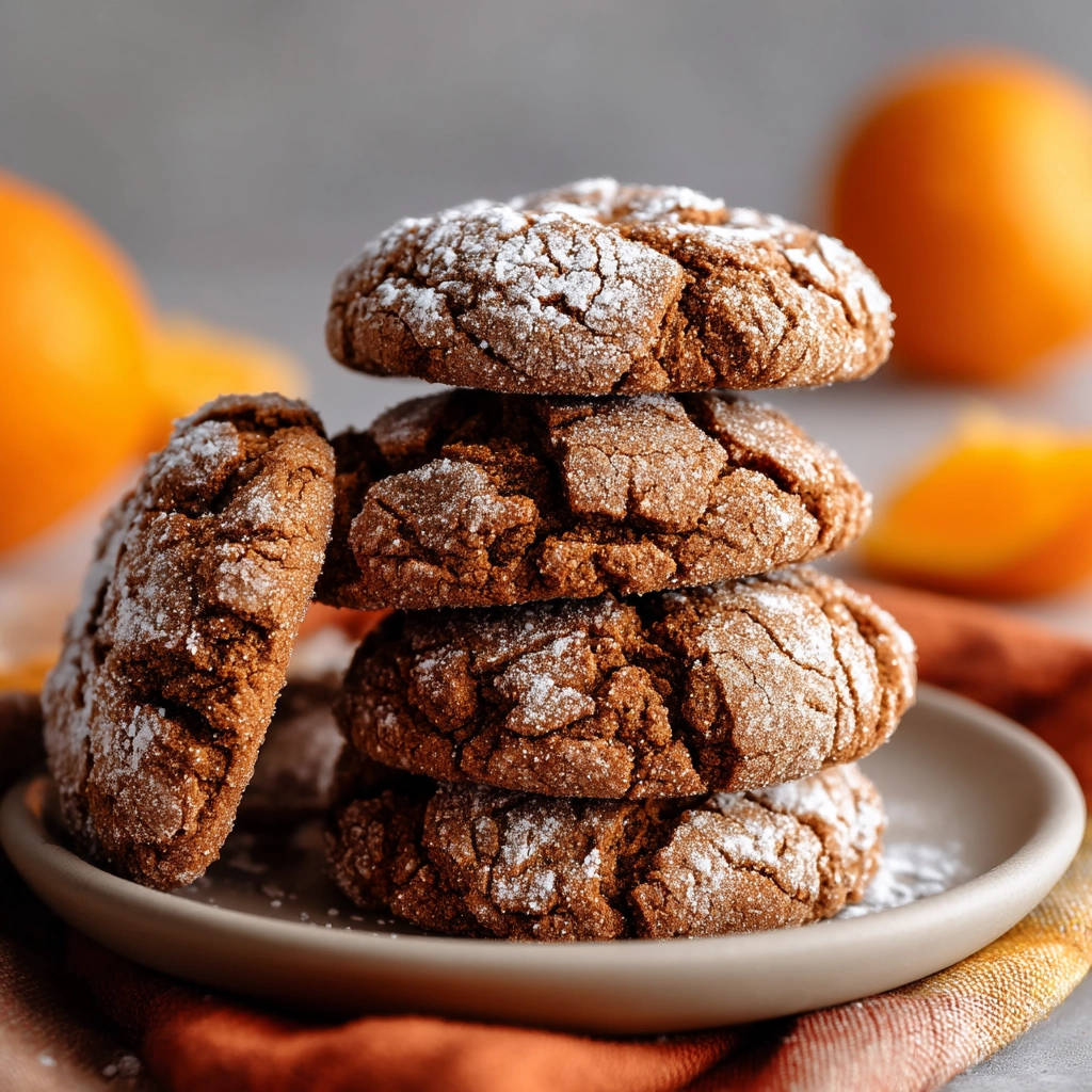Chewy orange ginger crinkle cookies, dusted with powdered sugar, stacked on a plate with oranges in the background.