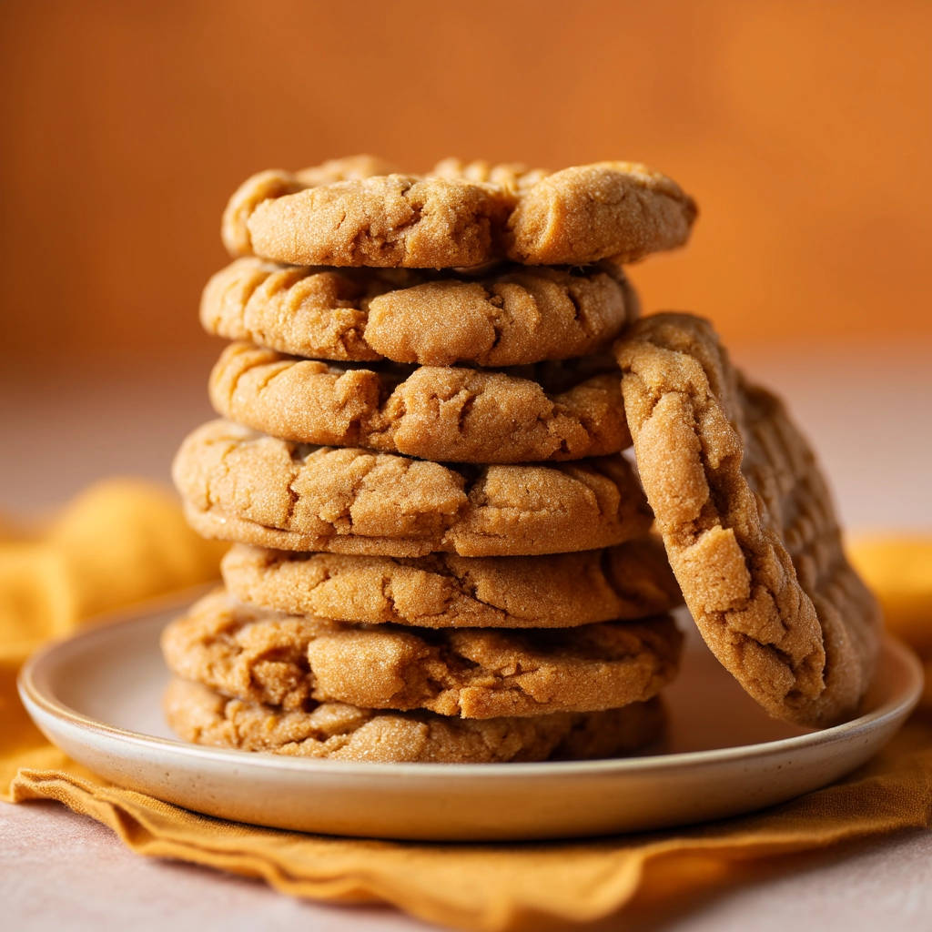 Chewy peanut butter cookies, no spread recipe, stacked high on a white plate with a yellow napkin.
