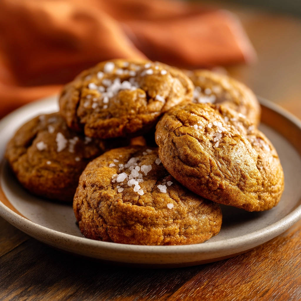 Chewy pumpkin cookies topped with flaky sea salt are piled high on a plate, showcasing their textured surface.