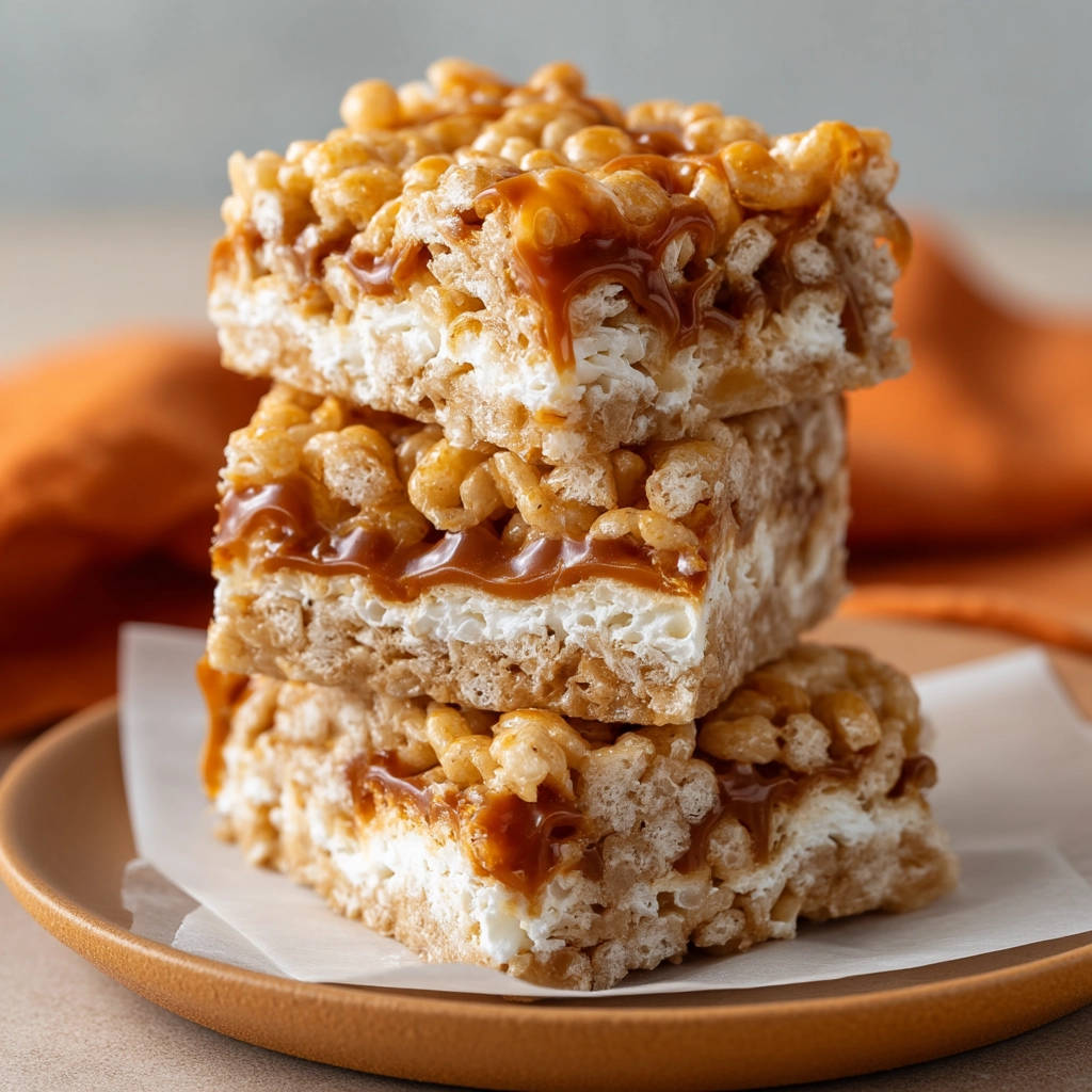 Classic chewy treats with caramel drizzled over a stack of rice crispy squares.