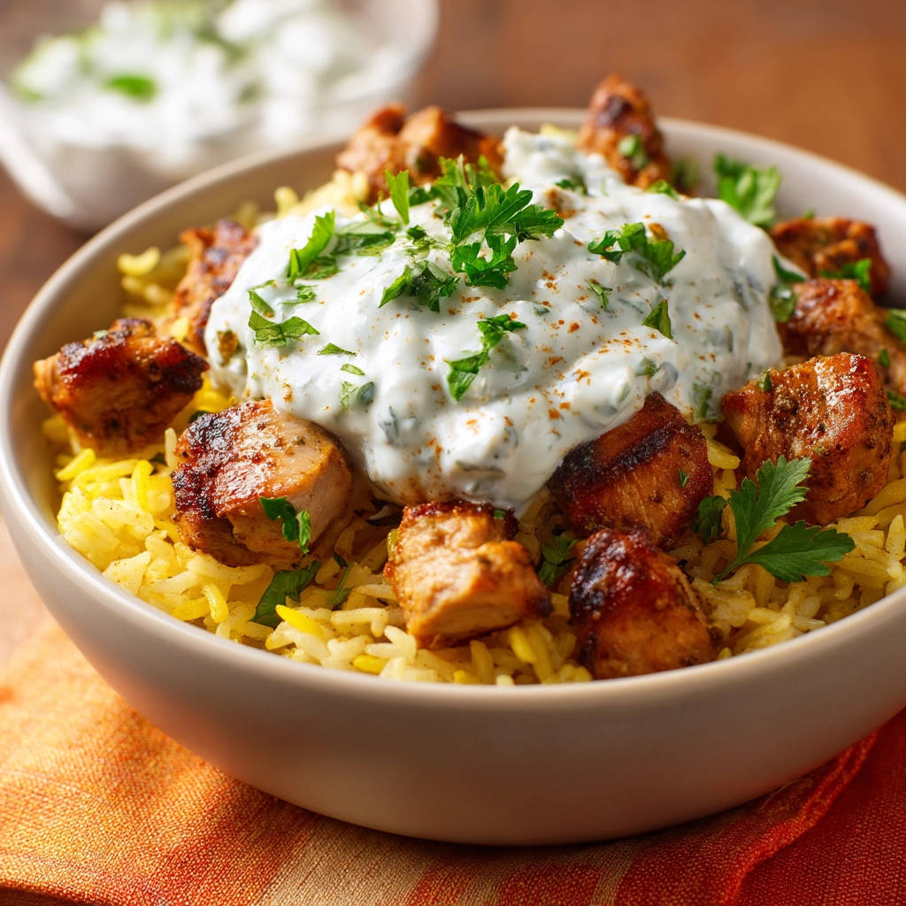 Juicy chicken and rice bowl topped with creamy yogurt sauce and fresh parsley garnish.