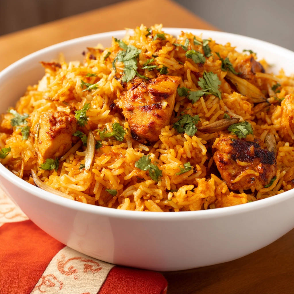 Restaurant-style chicken biryani in a white bowl, garnished with cilantro, showcasing tender chicken and flavorful rice.