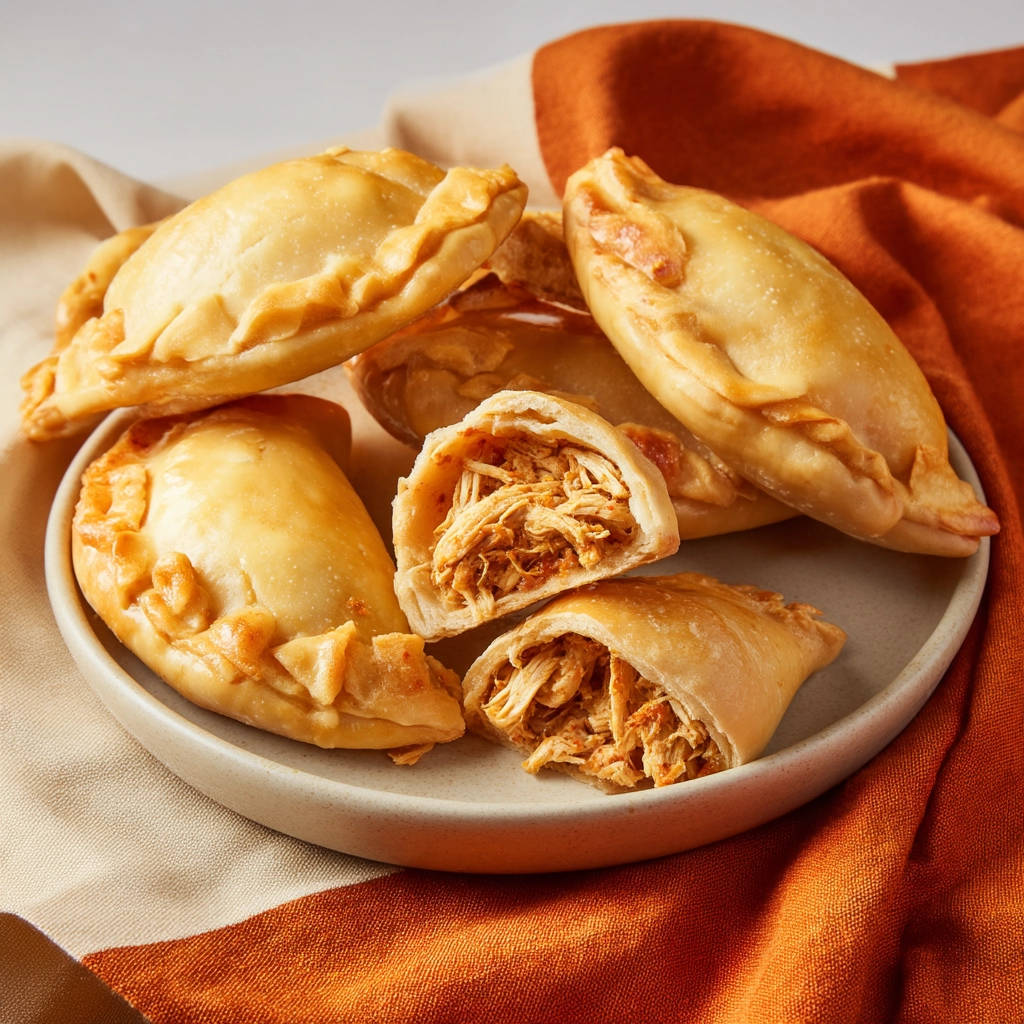 Golden chicken empanadas, one cut in half to reveal the savory shredded chicken filling inside.