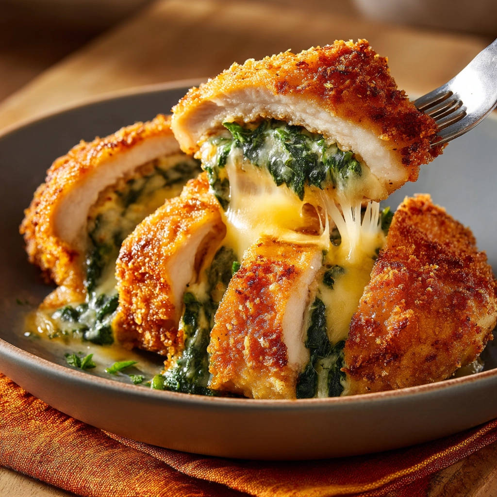 Crispy Chicken Florentine with a cheesy spinach filling, shown in a close-up cross-section with a decadent cheese pull.