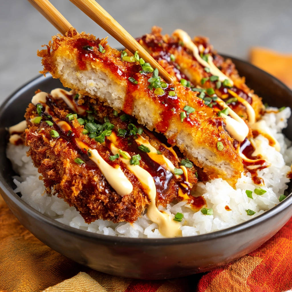 Crispy chicken katsu cut in half with chopsticks, showing the cross-section and drizzled with sauce over rice.