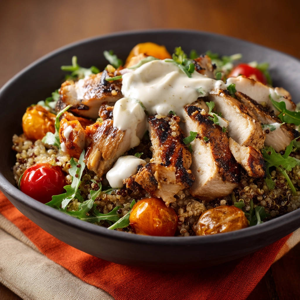 Juicy Chicken & Quinoa Bowl with a close-up view of the creamy dressing drizzled over sliced chicken and quinoa.