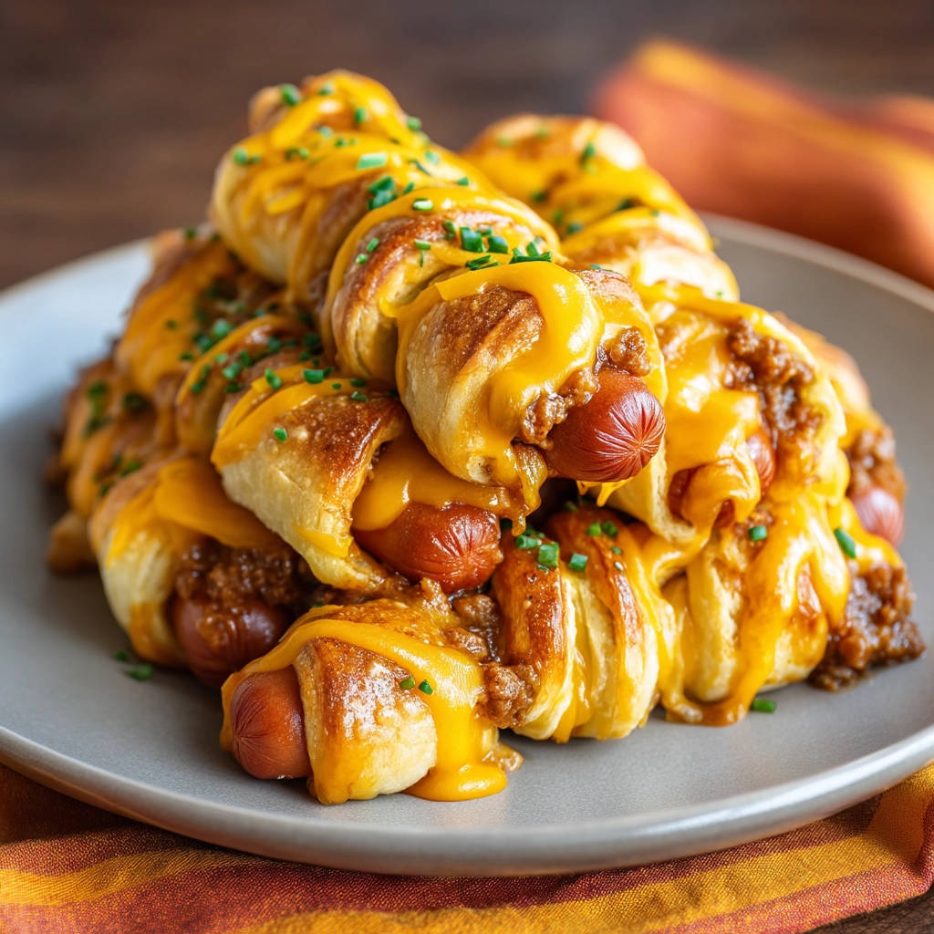 Chili cheese dog crescent rolls stacked high on a plate, drizzled with melted cheddar and fresh chives.
