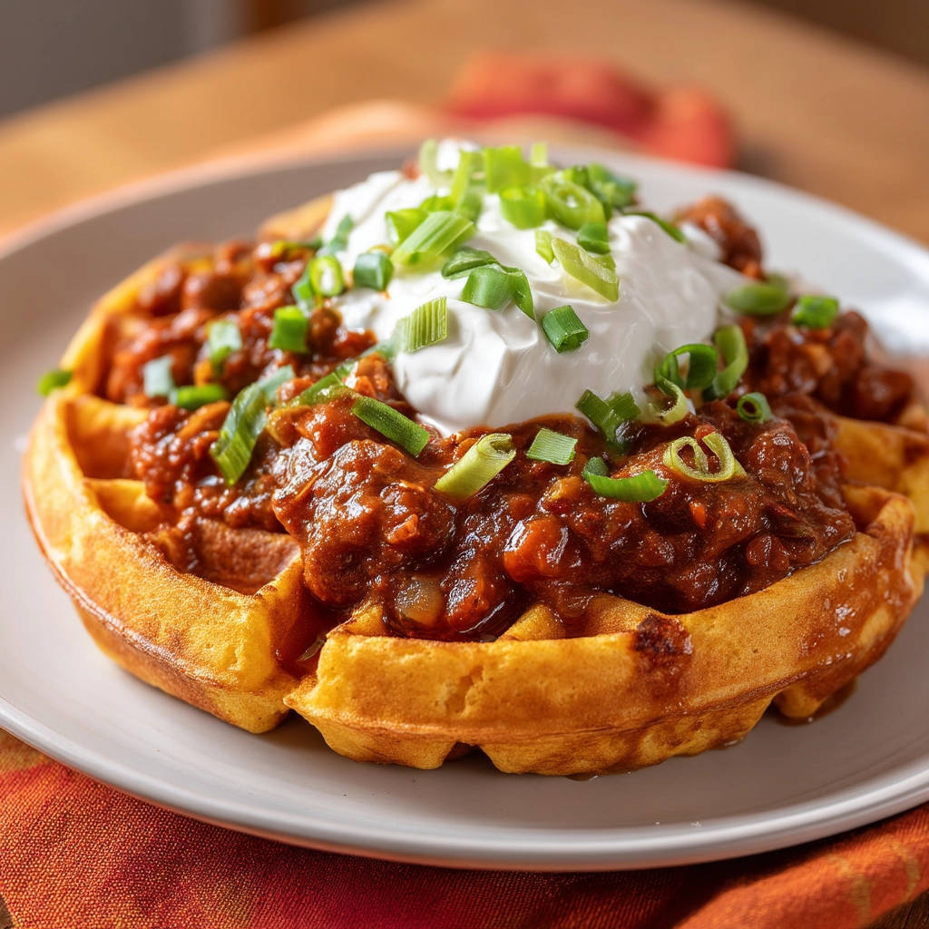 Savory chili waffles topped with sour cream and chopped green onions on a plate.