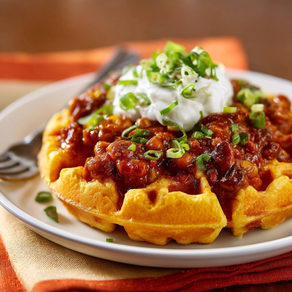 Savory chili waffles topped with sour cream and chopped scallions, a close-up view of a comforting meal.