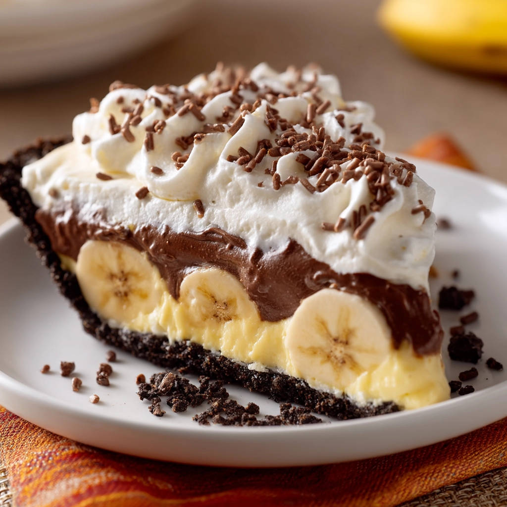 Layered Chocolate Banana Dream Pie slice showing a cross-section of creamy pudding, fresh bananas, and chocolate cookie crust.