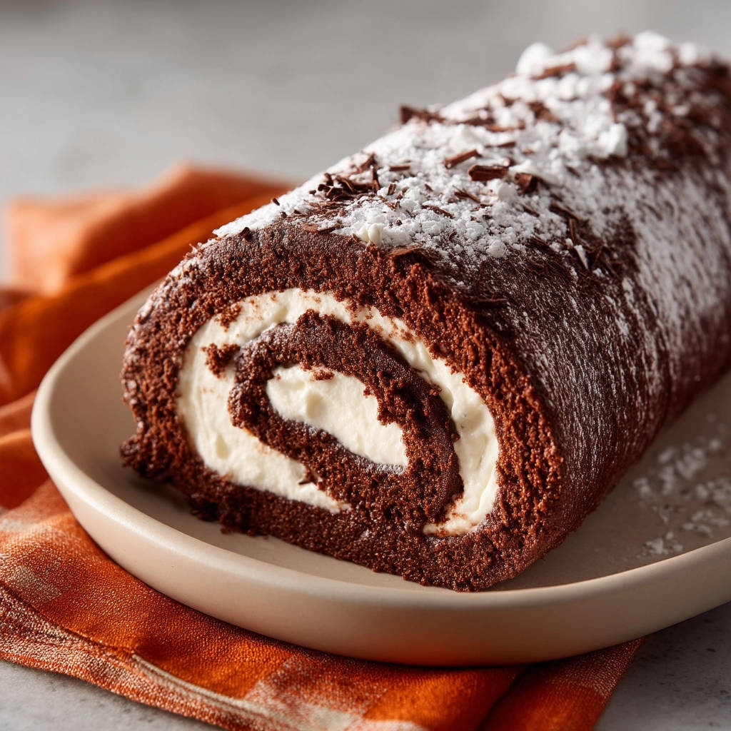 Easy chocolate cake roll cross-section with a dusting of powdered sugar and chocolate shavings.