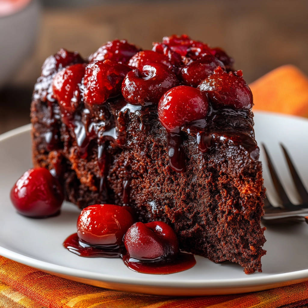 Chocolate cherry cake slice on a white plate, topped with glossy cherries and chocolate glaze.