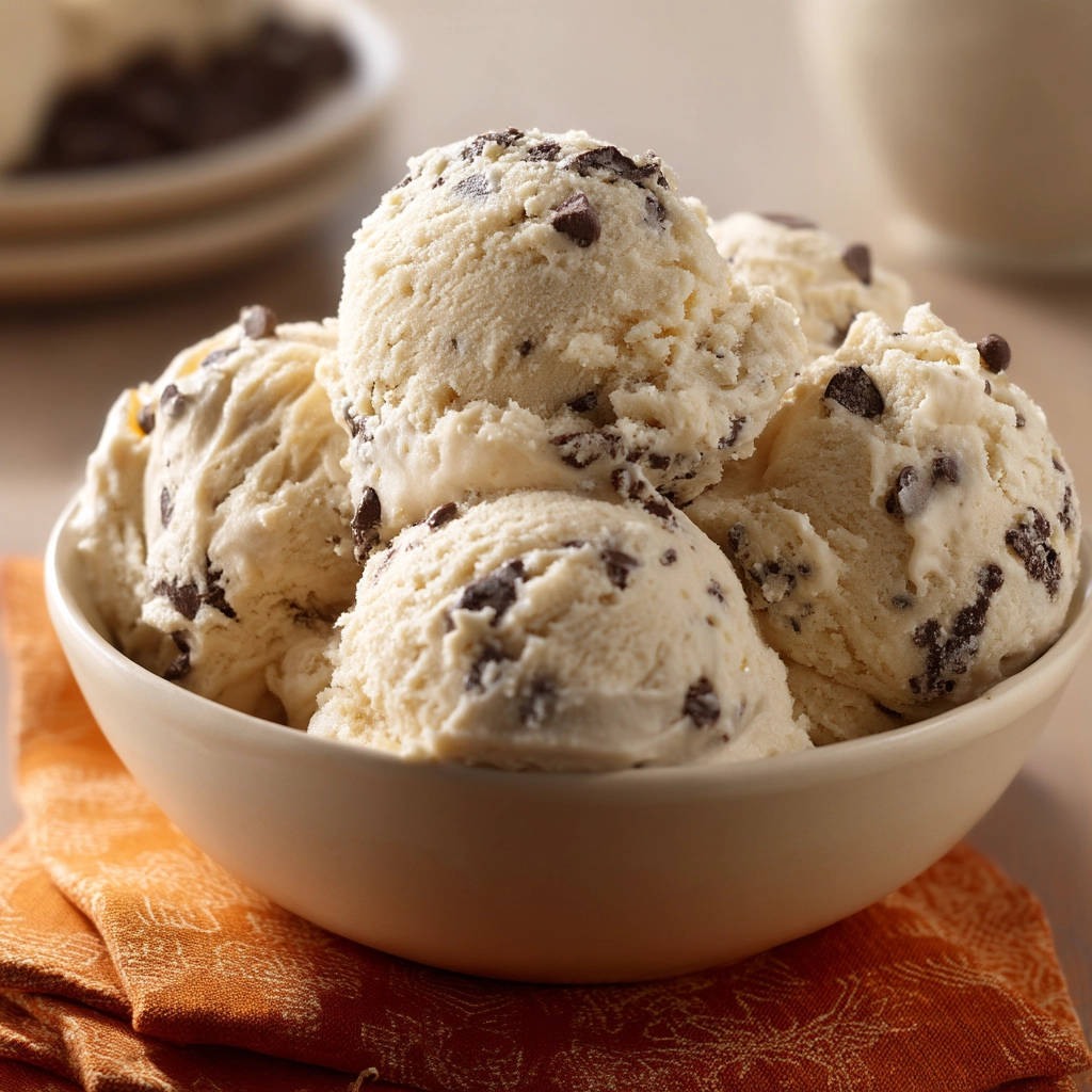 Creamy chocolate chip ice cream scoops piled high in a white bowl, showcasing its smooth texture and chocolate chips.