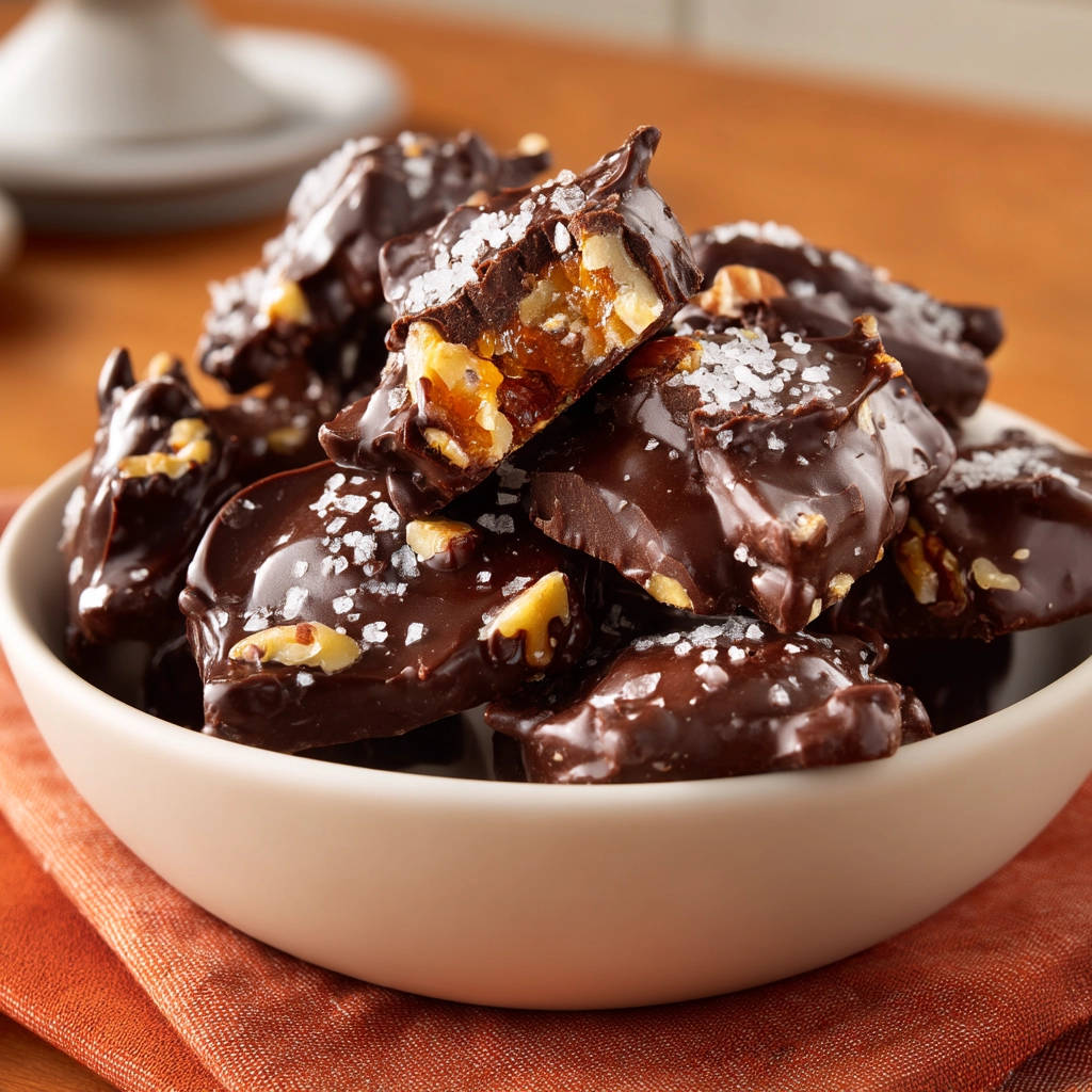 Easy chocolate clusters with a gooey caramel and walnut interior shown in a cross-section view.