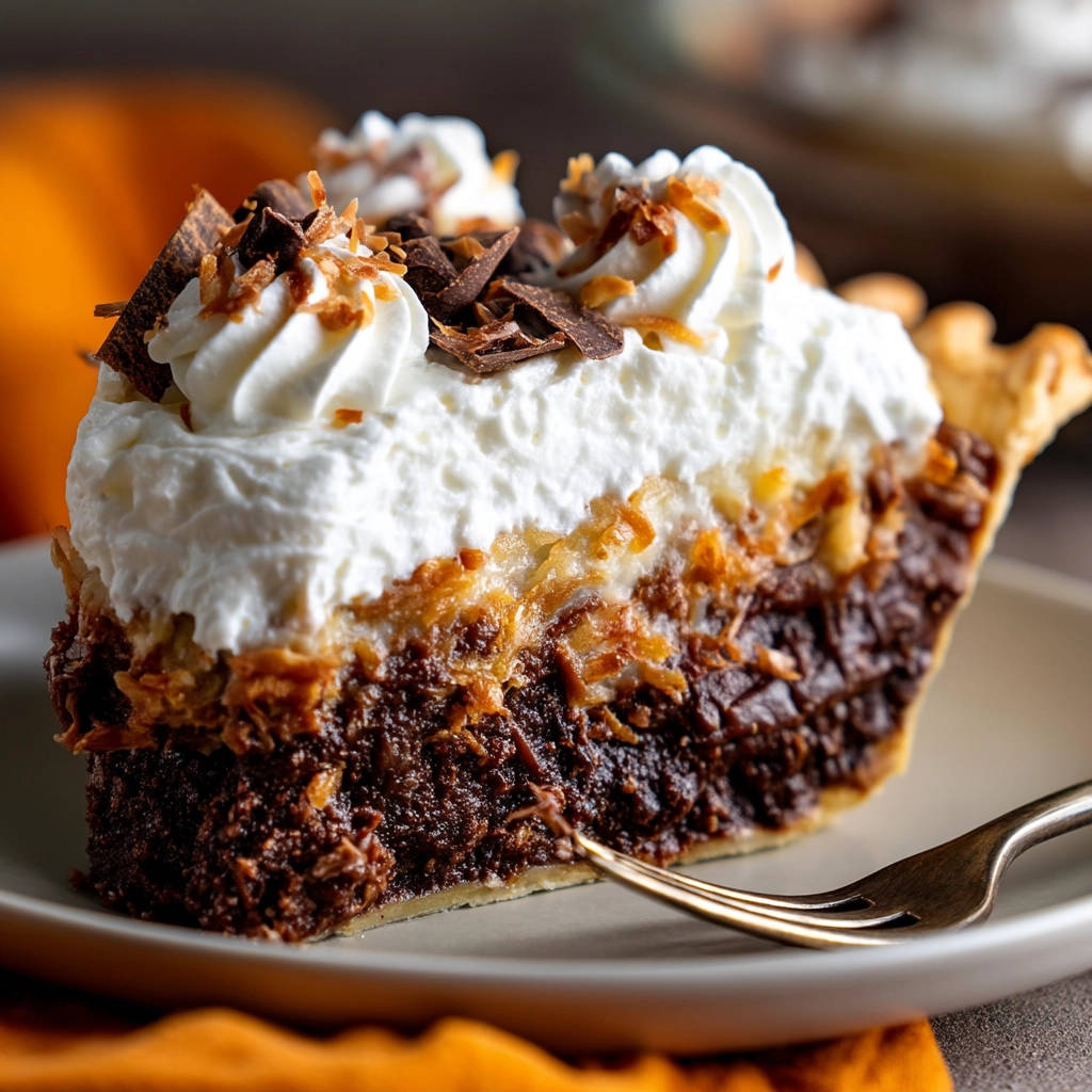 Chocolate Coconut Dream Pie cross-section with a fork, showing layers of filling and whipped cream topping.